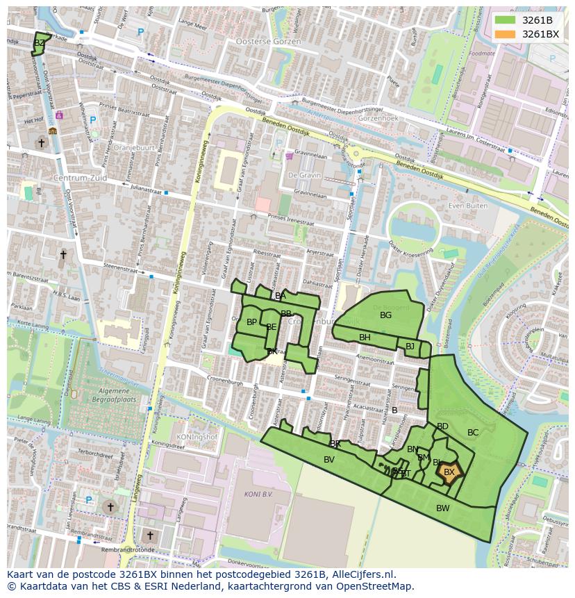 Afbeelding van het postcodegebied 3261 BX op de kaart.