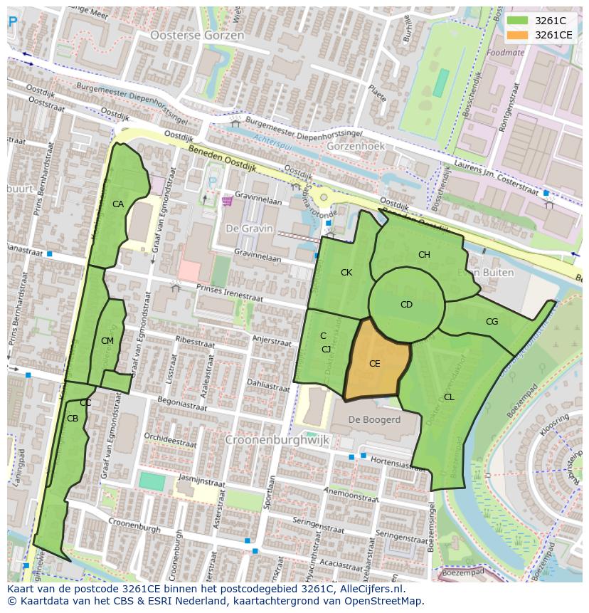Afbeelding van het postcodegebied 3261 CE op de kaart.