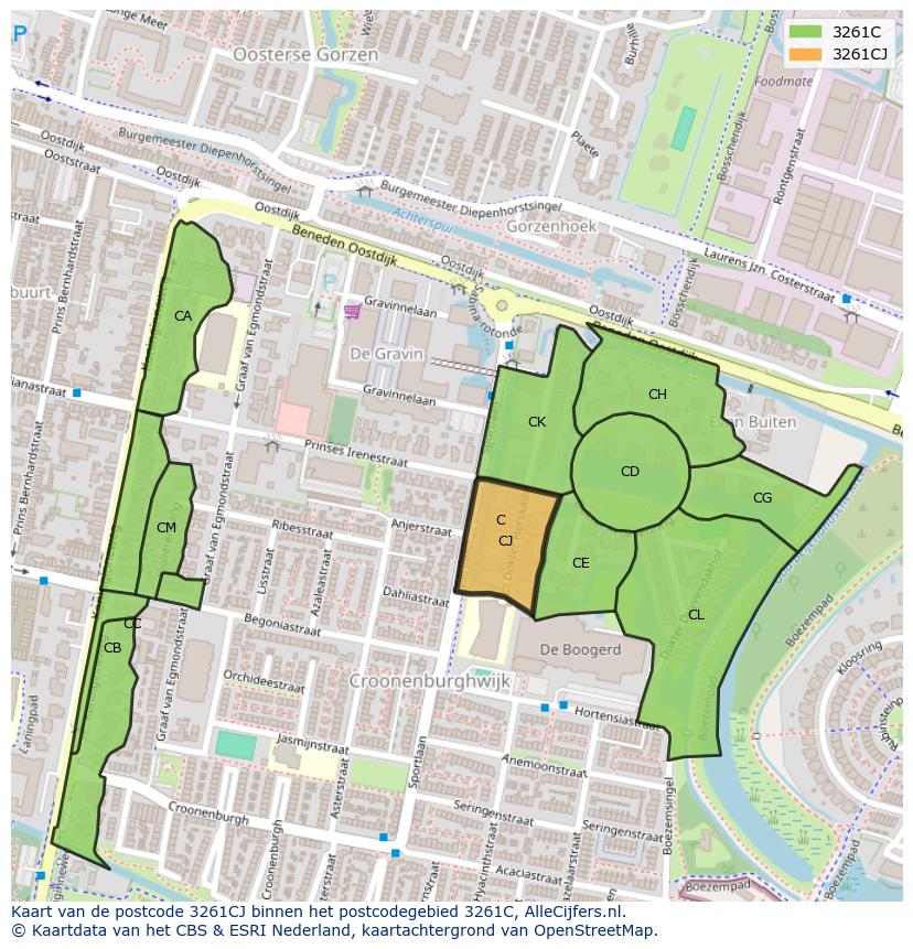 Afbeelding van het postcodegebied 3261 CJ op de kaart.