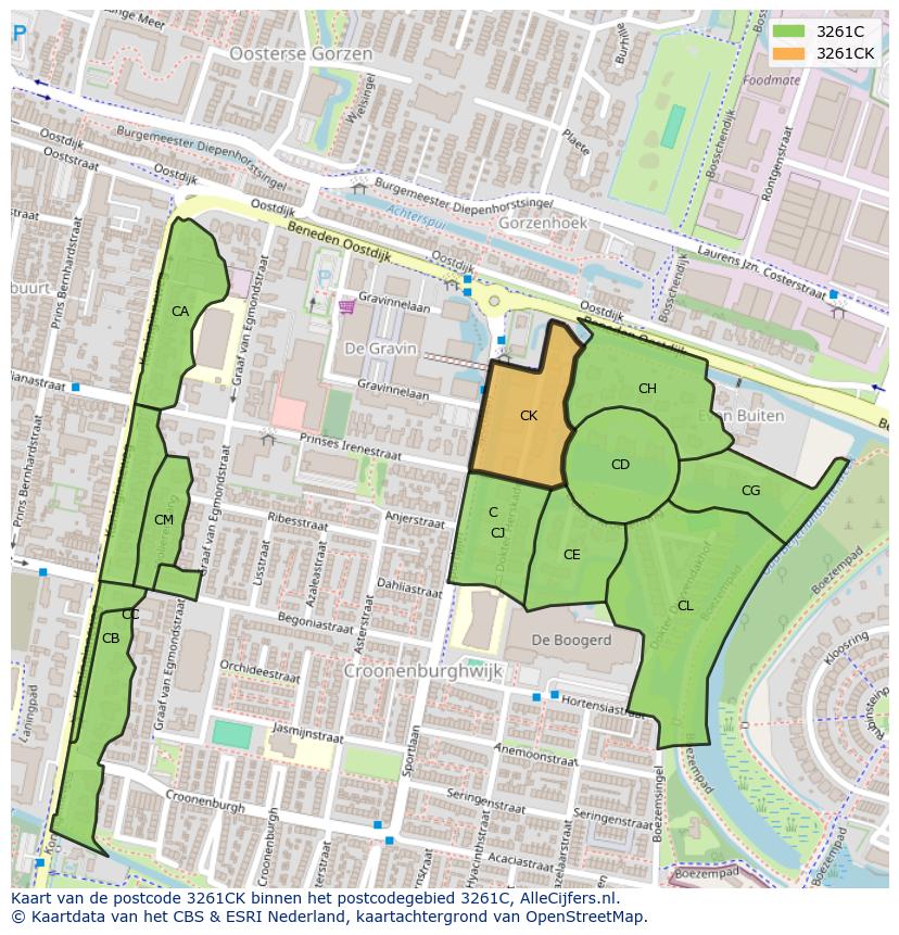Afbeelding van het postcodegebied 3261 CK op de kaart.