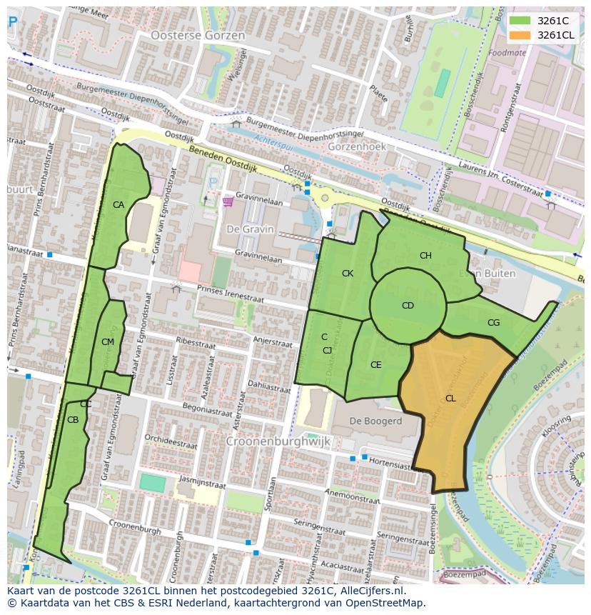 Afbeelding van het postcodegebied 3261 CL op de kaart.