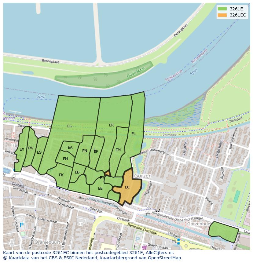 Afbeelding van het postcodegebied 3261 EC op de kaart.