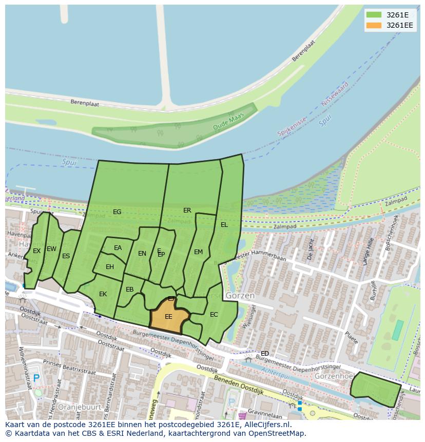 Afbeelding van het postcodegebied 3261 EE op de kaart.