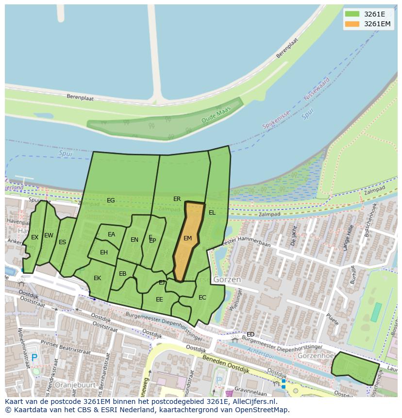 Afbeelding van het postcodegebied 3261 EM op de kaart.