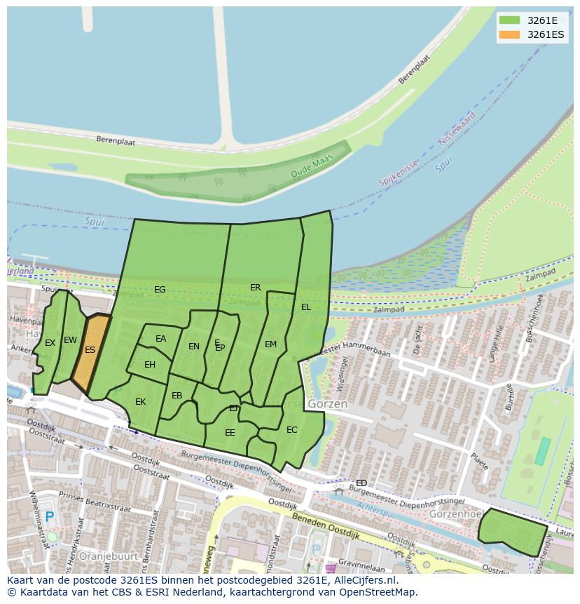 Afbeelding van het postcodegebied 3261 ES op de kaart.