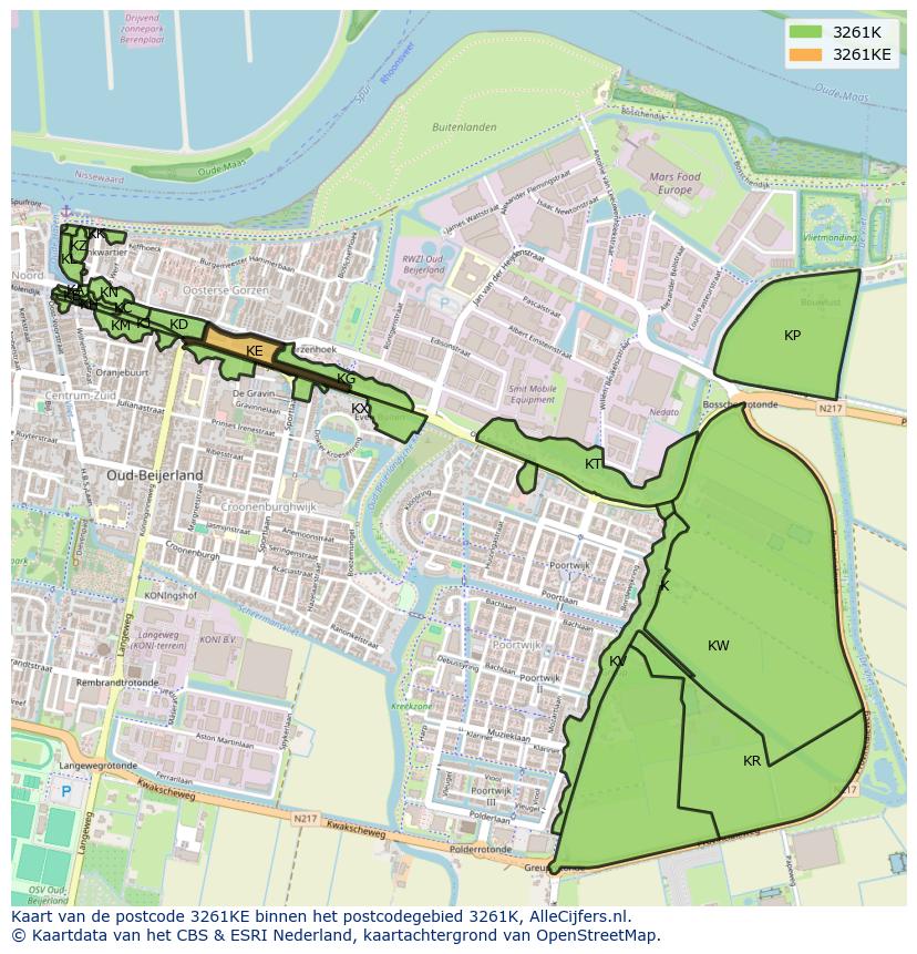 Afbeelding van het postcodegebied 3261 KE op de kaart.