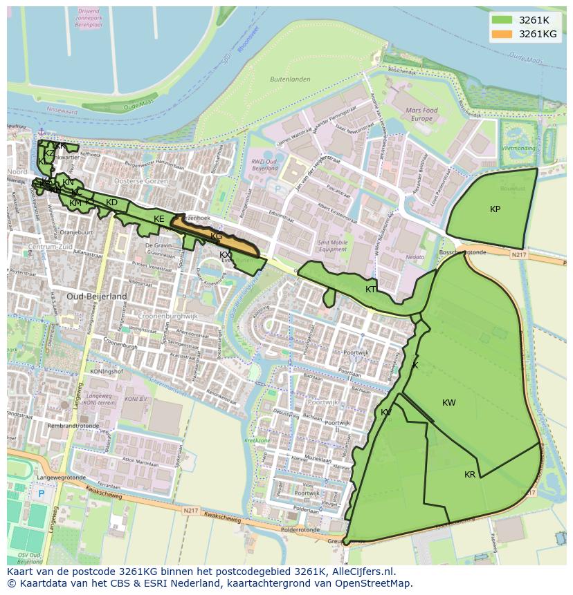 Afbeelding van het postcodegebied 3261 KG op de kaart.