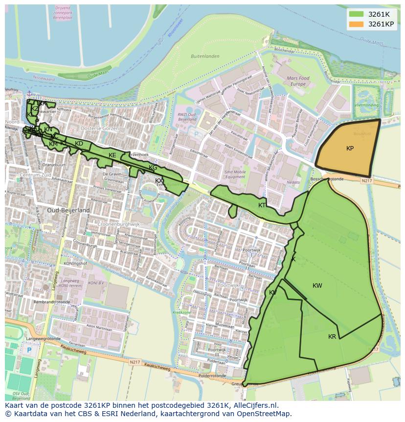Afbeelding van het postcodegebied 3261 KP op de kaart.