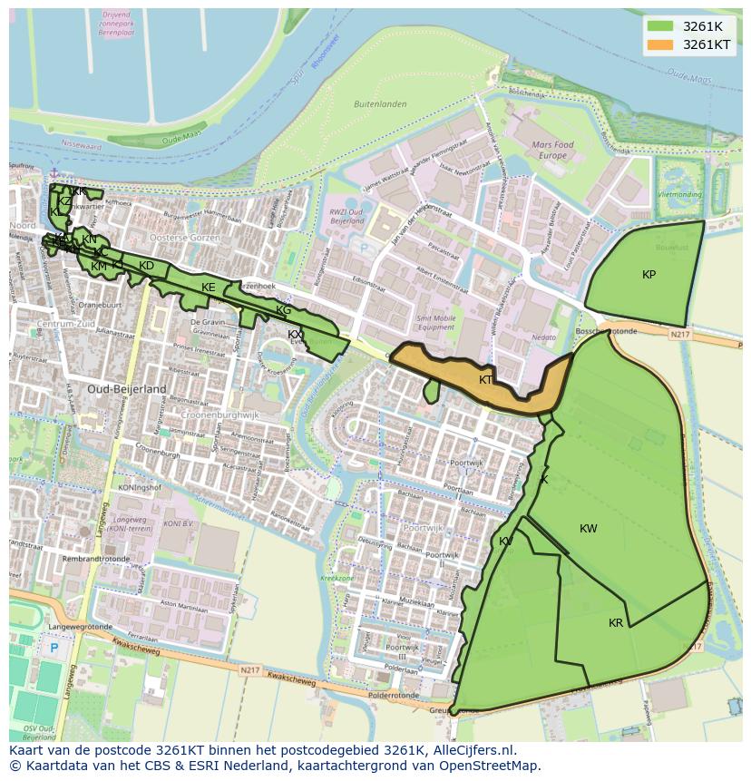 Afbeelding van het postcodegebied 3261 KT op de kaart.