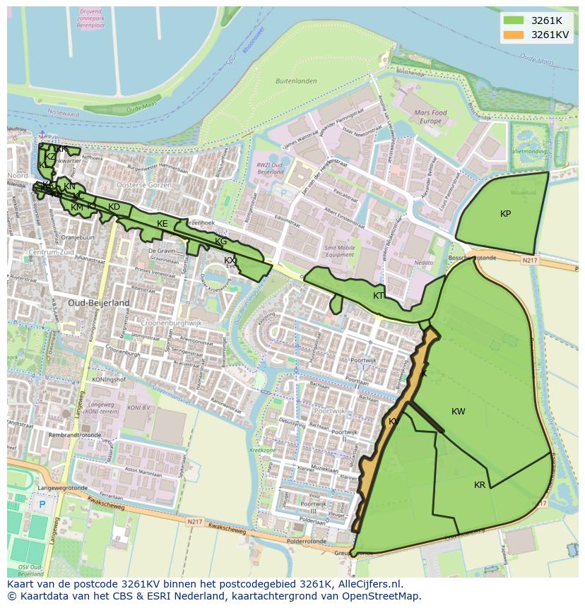 Afbeelding van het postcodegebied 3261 KV op de kaart.
