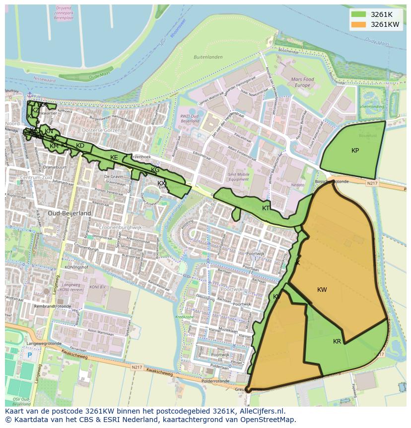 Afbeelding van het postcodegebied 3261 KW op de kaart.