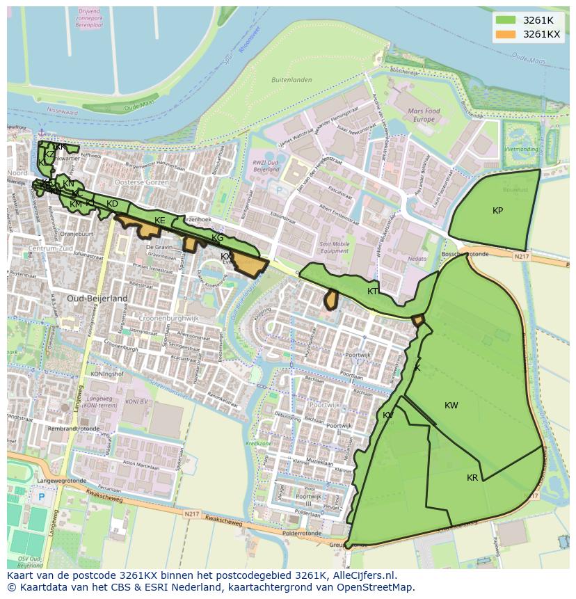 Afbeelding van het postcodegebied 3261 KX op de kaart.