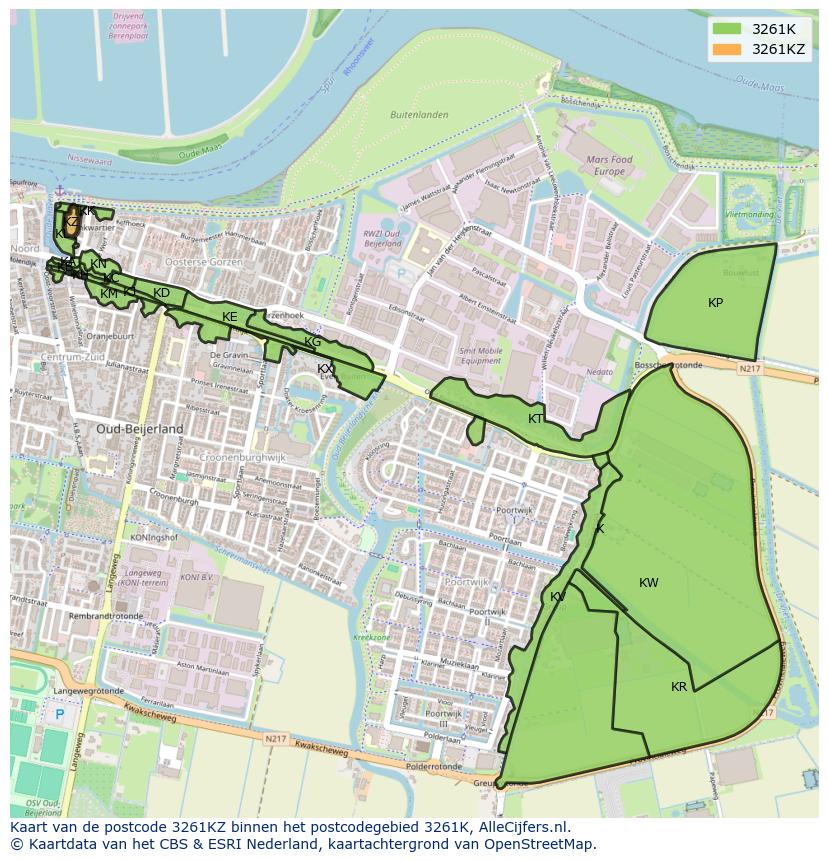 Afbeelding van het postcodegebied 3261 KZ op de kaart.