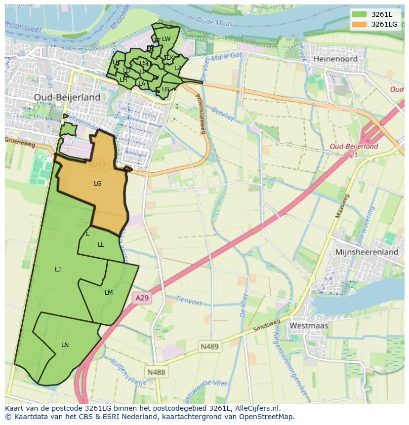 Afbeelding van het postcodegebied 3261 LG op de kaart.