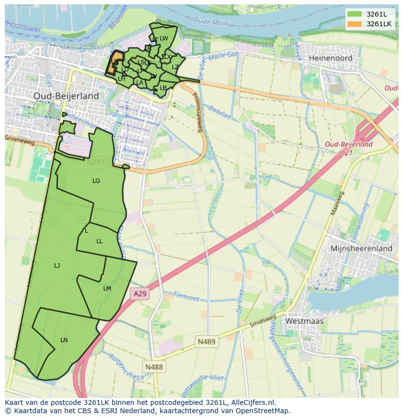 Afbeelding van het postcodegebied 3261 LK op de kaart.