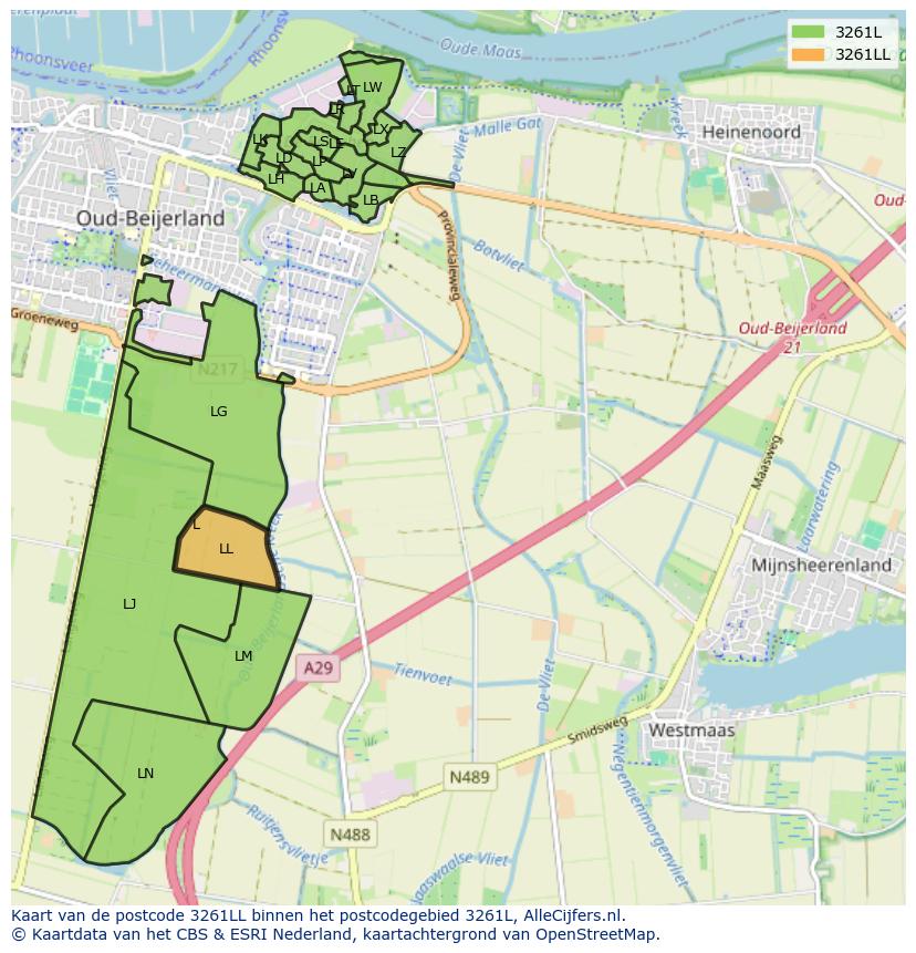 Afbeelding van het postcodegebied 3261 LL op de kaart.