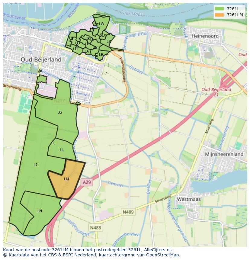 Afbeelding van het postcodegebied 3261 LM op de kaart.