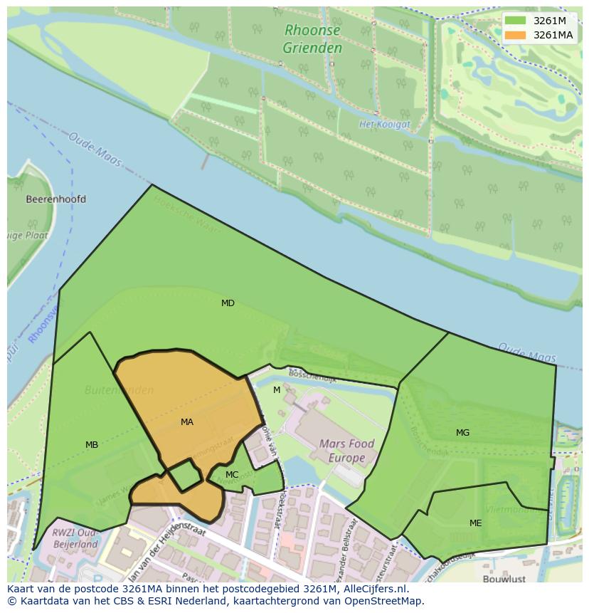 Afbeelding van het postcodegebied 3261 MA op de kaart.