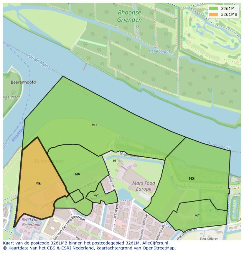 Afbeelding van het postcodegebied 3261 MB op de kaart.
