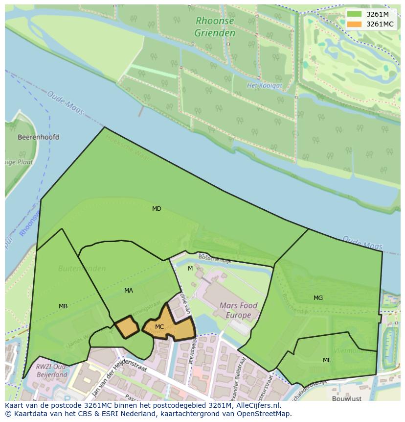 Afbeelding van het postcodegebied 3261 MC op de kaart.
