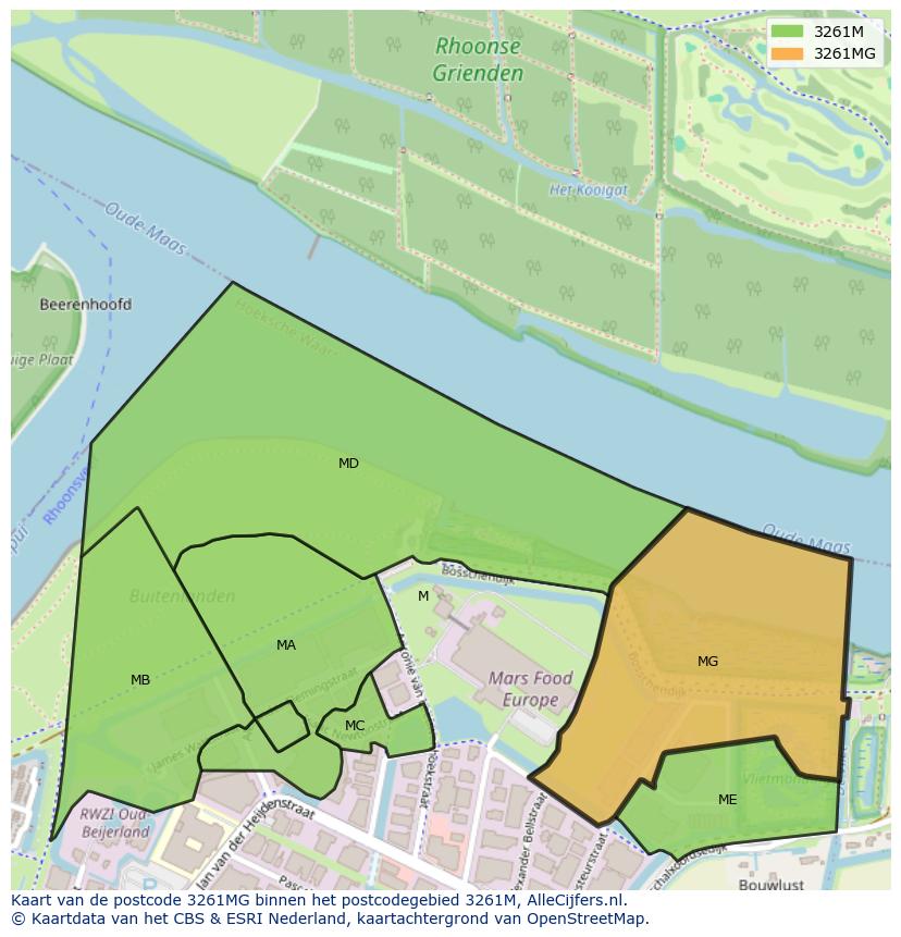 Afbeelding van het postcodegebied 3261 MG op de kaart.