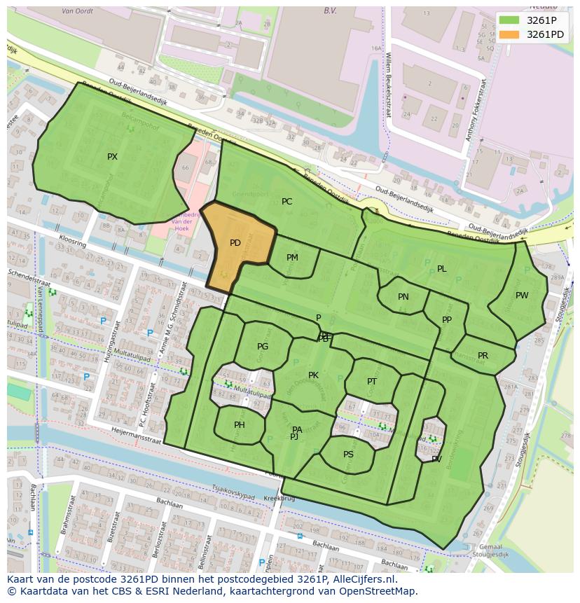 Afbeelding van het postcodegebied 3261 PD op de kaart.