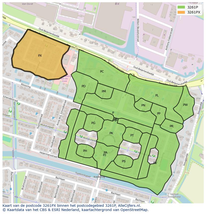 Afbeelding van het postcodegebied 3261 PX op de kaart.