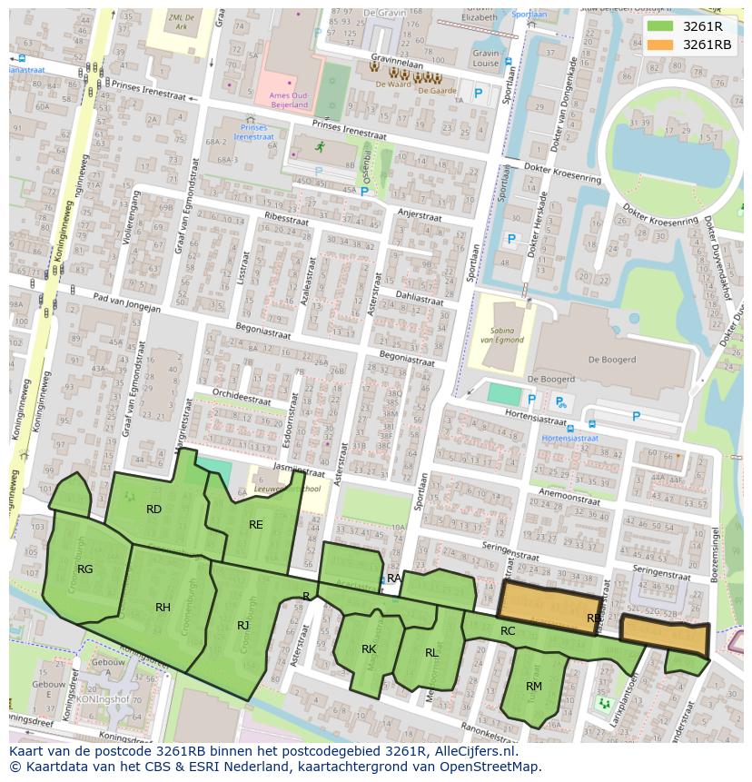 Afbeelding van het postcodegebied 3261 RB op de kaart.