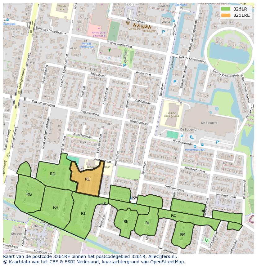 Afbeelding van het postcodegebied 3261 RE op de kaart.