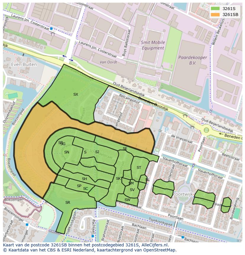 Afbeelding van het postcodegebied 3261 SB op de kaart.