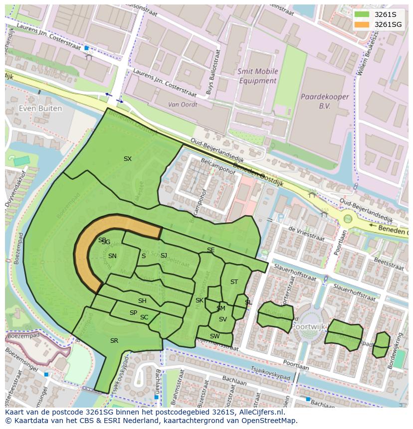 Afbeelding van het postcodegebied 3261 SG op de kaart.