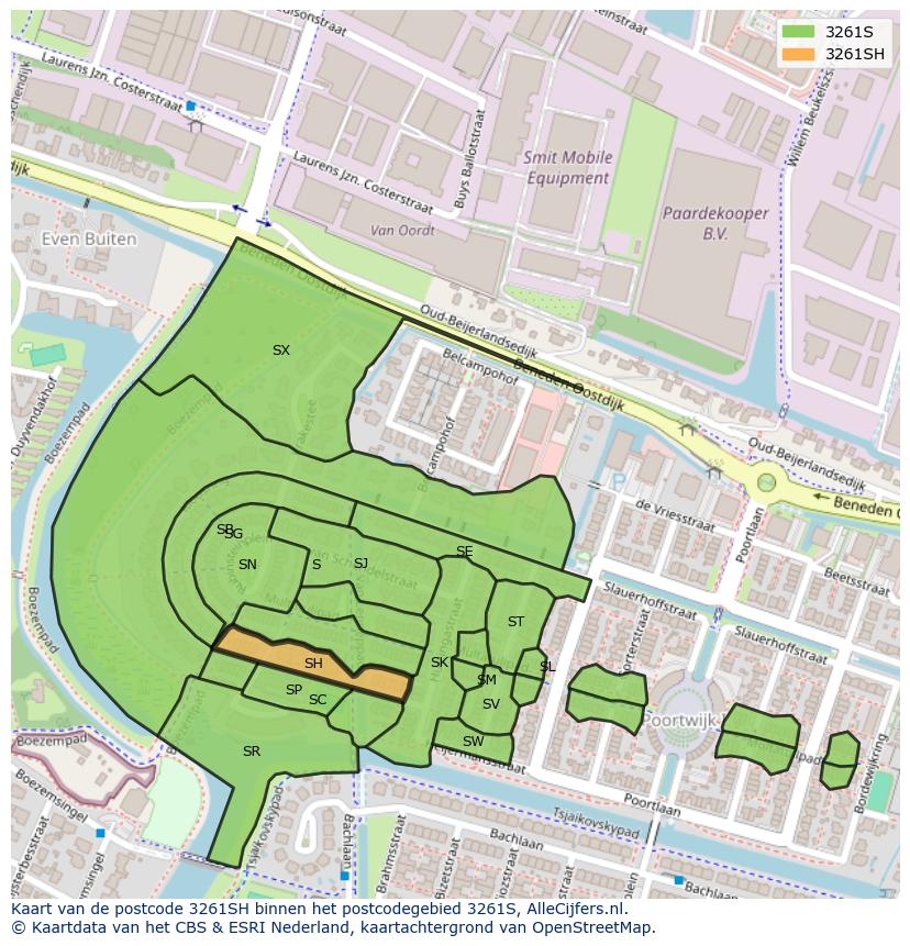 Afbeelding van het postcodegebied 3261 SH op de kaart.