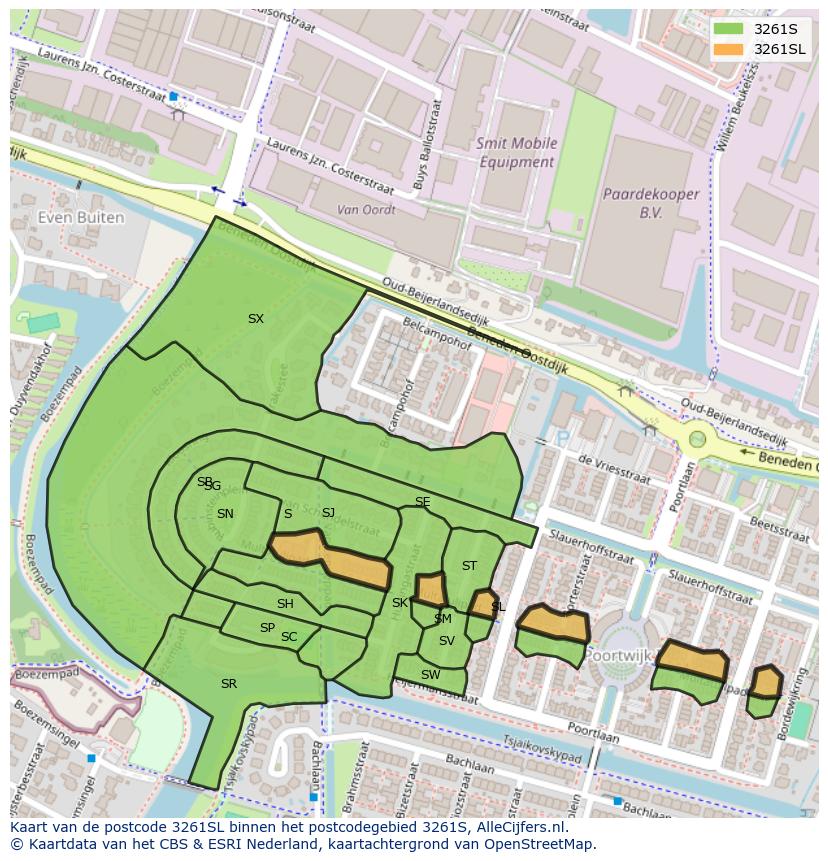 Afbeelding van het postcodegebied 3261 SL op de kaart.