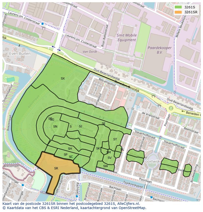 Afbeelding van het postcodegebied 3261 SR op de kaart.