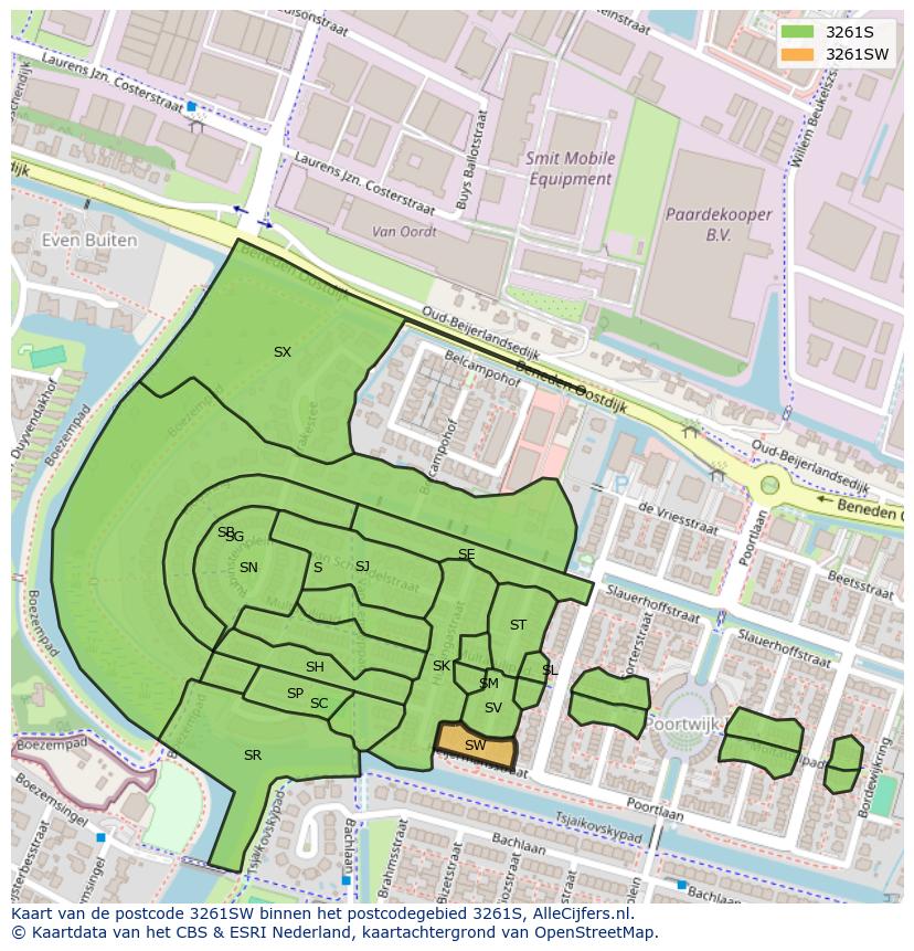 Afbeelding van het postcodegebied 3261 SW op de kaart.