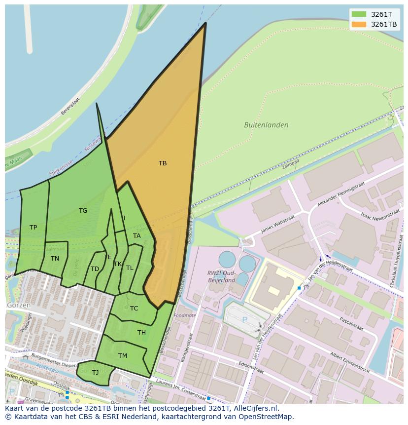 Afbeelding van het postcodegebied 3261 TB op de kaart.