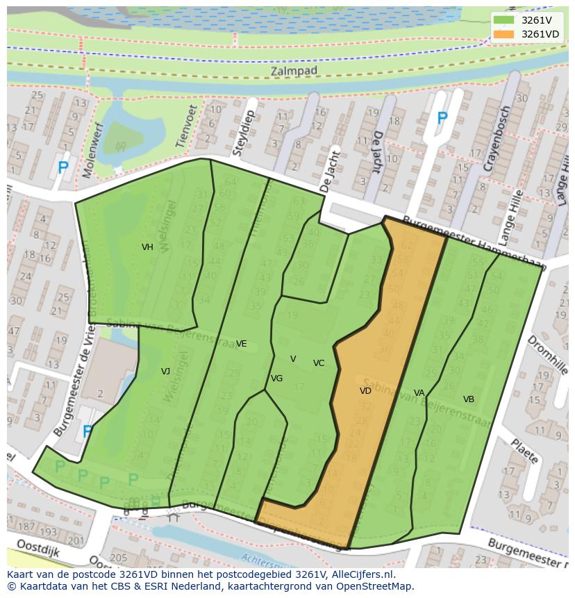 Afbeelding van het postcodegebied 3261 VD op de kaart.