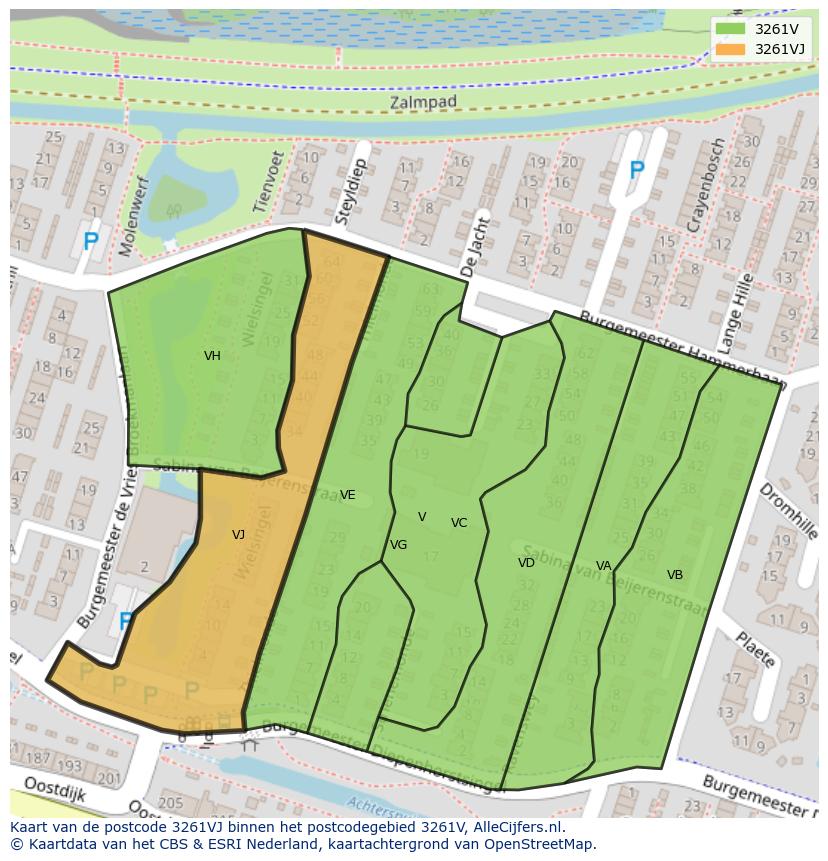 Afbeelding van het postcodegebied 3261 VJ op de kaart.