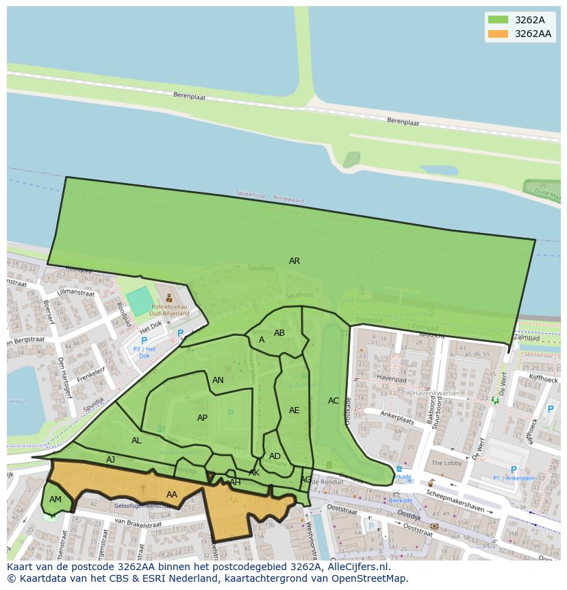 Afbeelding van het postcodegebied 3262 AA op de kaart.