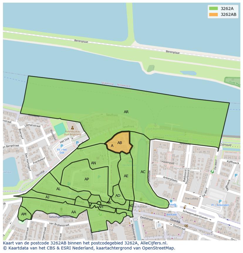 Afbeelding van het postcodegebied 3262 AB op de kaart.
