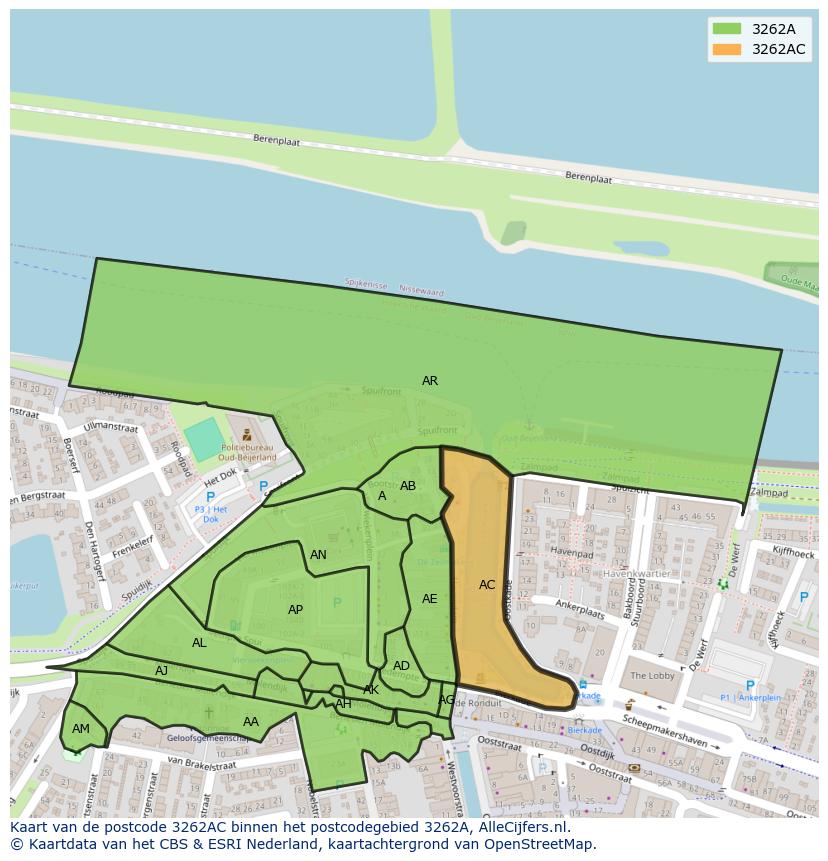 Afbeelding van het postcodegebied 3262 AC op de kaart.
