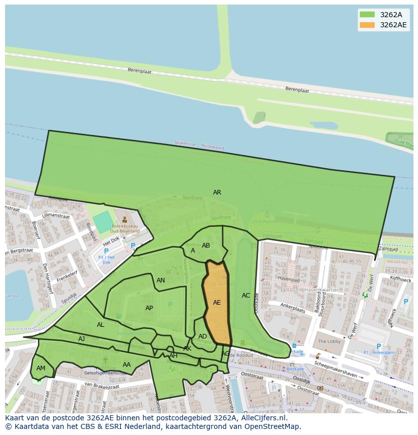 Afbeelding van het postcodegebied 3262 AE op de kaart.
