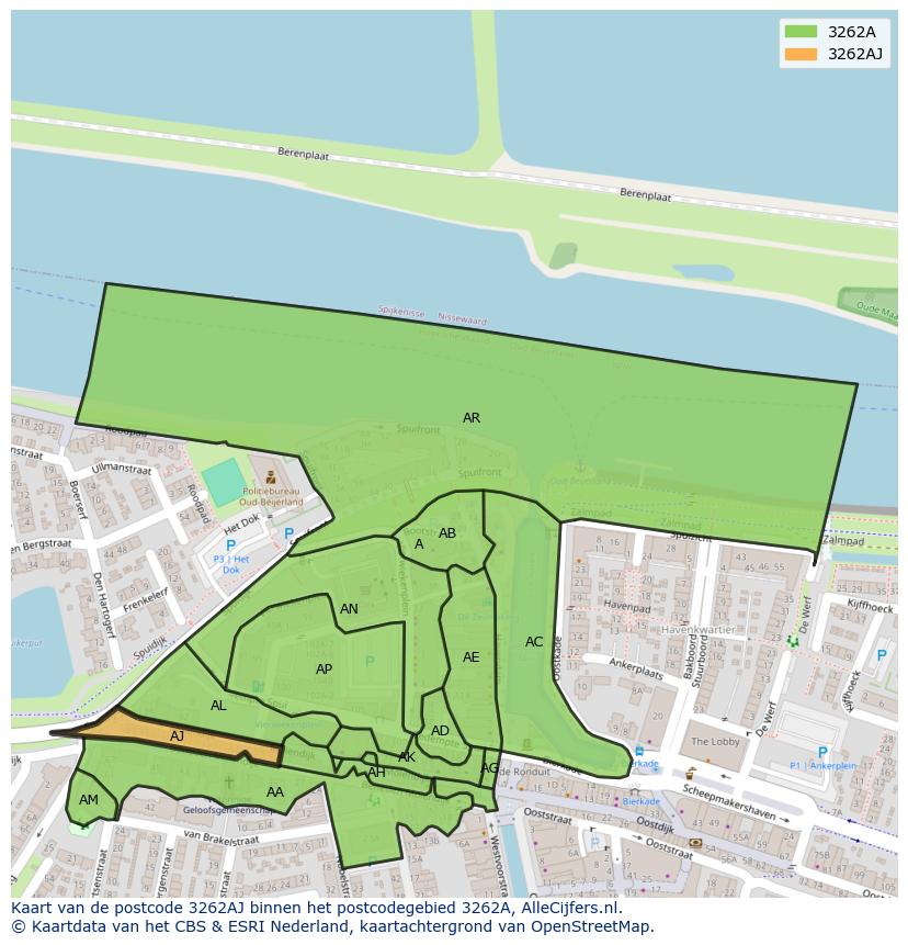Afbeelding van het postcodegebied 3262 AJ op de kaart.