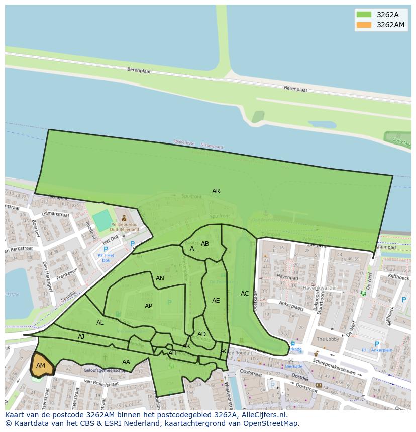 Afbeelding van het postcodegebied 3262 AM op de kaart.