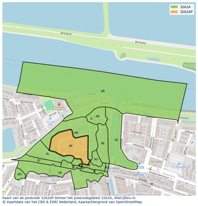 Afbeelding van het postcodegebied 3262 AP op de kaart.