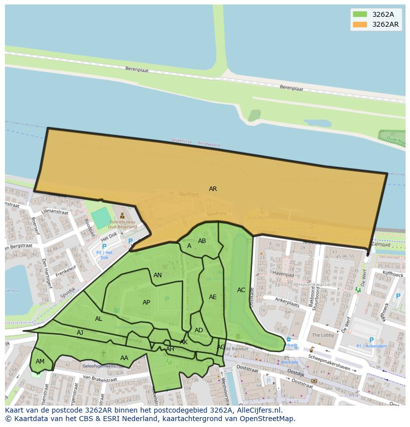 Afbeelding van het postcodegebied 3262 AR op de kaart.