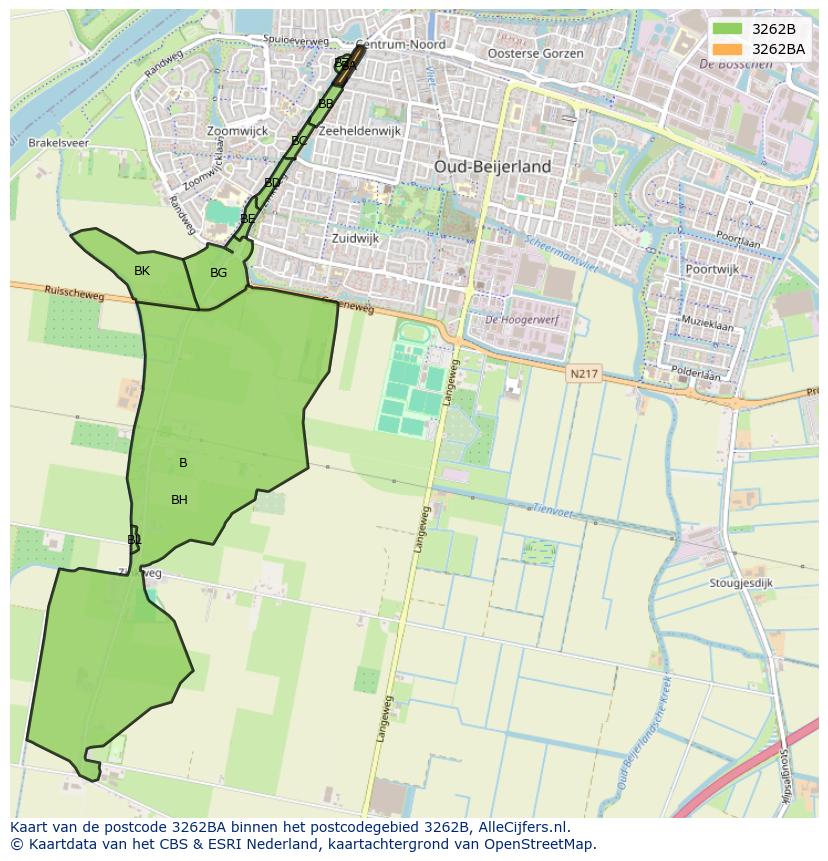 Afbeelding van het postcodegebied 3262 BA op de kaart.