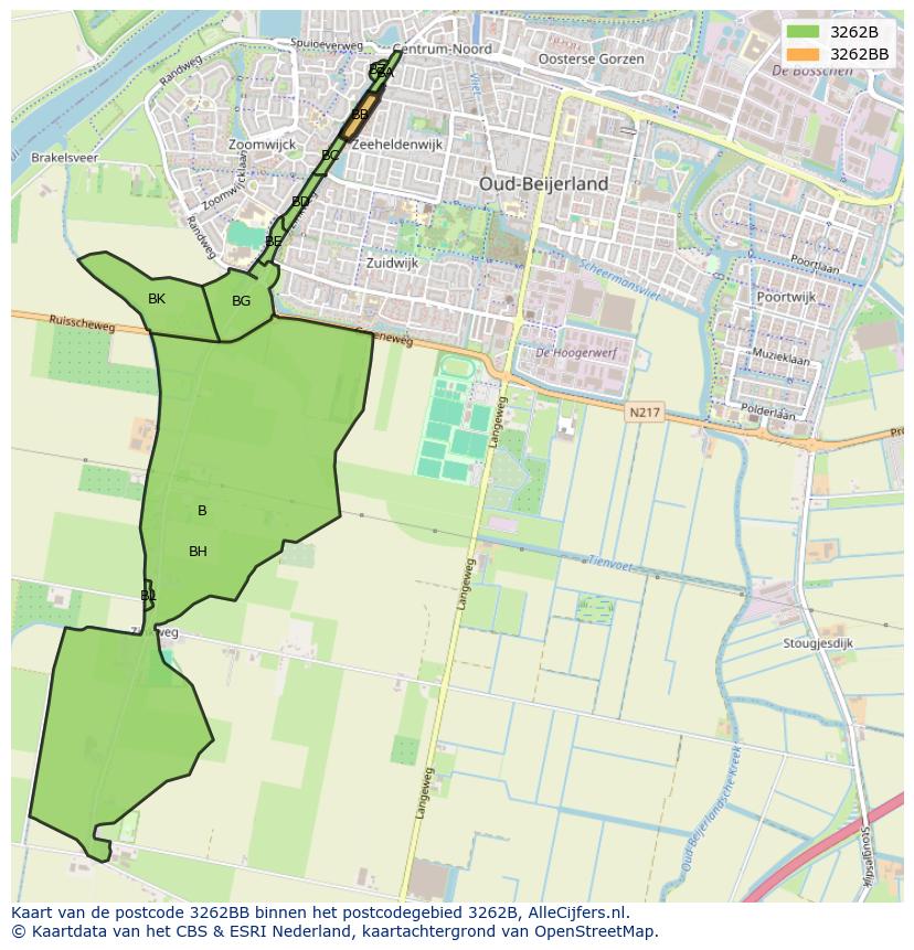 Afbeelding van het postcodegebied 3262 BB op de kaart.
