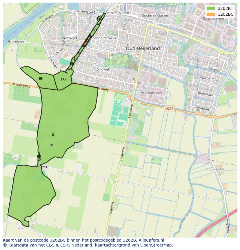 Afbeelding van het postcodegebied 3262 BC op de kaart.