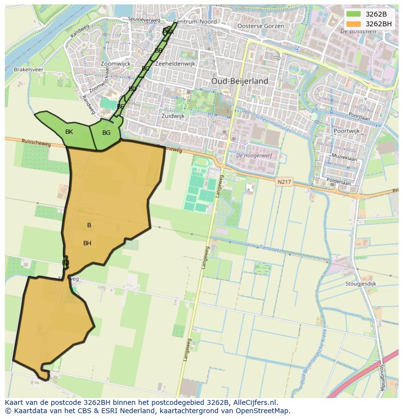 Afbeelding van het postcodegebied 3262 BH op de kaart.